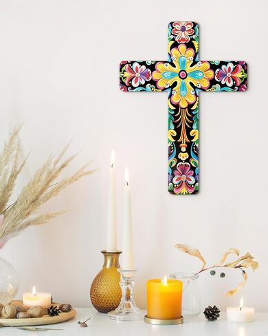 Putuo Decor Floral Cross Wall Decor Painted Decorative Wooden Inspirational Cross Spanish Style Wall Cross Decor Mexican Art Wall Decor Crucifix for Home Room Church Decoration in Saudi Arabia