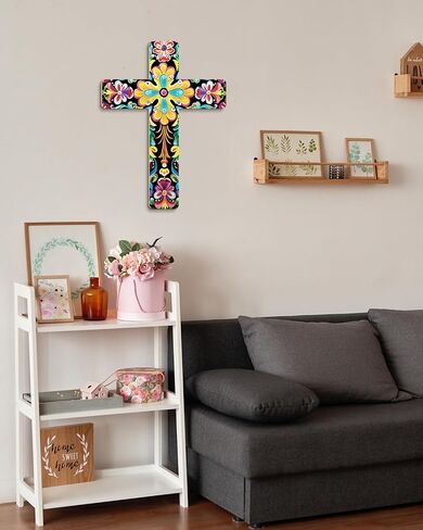 Putuo Decor Floral Cross Wall Decor Painted Decorative Wooden Inspirational Cross Spanish Style Wall Cross Decor Mexican Art Wall Decor Crucifix for Home Room Church Decoration in Saudi Arabia