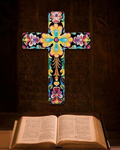 Putuo Decor Floral Cross Wall Decor Painted Decorative Wooden Inspirational Cross Spanish Style Wall Cross Decor Mexican Art Wall Decor Crucifix for Home Room Church Decoration in Saudi Arabia