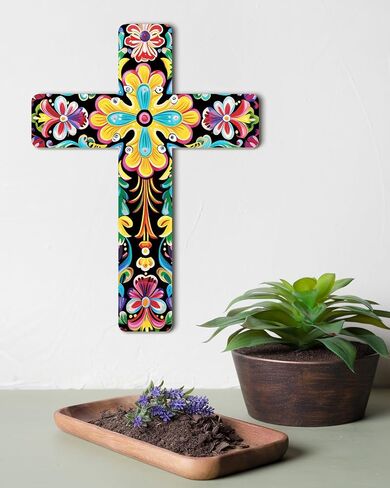 Putuo Decor Floral Cross Wall Decor Painted Decorative Wooden Inspirational Cross Spanish Style Wall Cross Decor Mexican Art Wall Decor Crucifix for Home Room Church Decoration in Saudi Arabia