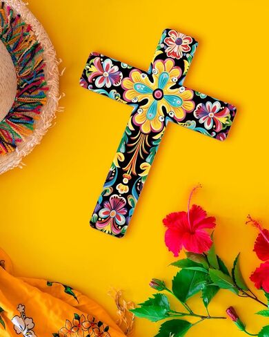 Putuo Decor Floral Cross Wall Decor Painted Decorative Wooden Inspirational Cross Spanish Style Wall Cross Decor Mexican Art Wall Decor Crucifix for Home Room Church Decoration in Saudi Arabia