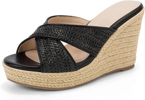 Women's Wedge Slides -Sandals - espadrilles raffia sandals -summer Open Toe platform Slip On high heel casual sandals beach comfortable slippers in Kuwait