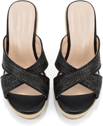 Women's Wedge Slides -Sandals - espadrilles raffia sandals -summer Open Toe platform Slip On high heel casual sandals beach comfortable slippers in Kuwait