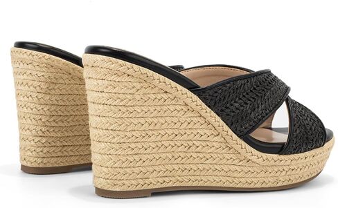 Women's Wedge Slides -Sandals - espadrilles raffia sandals -summer Open Toe platform Slip On high heel casual sandals beach comfortable slippers in Kuwait