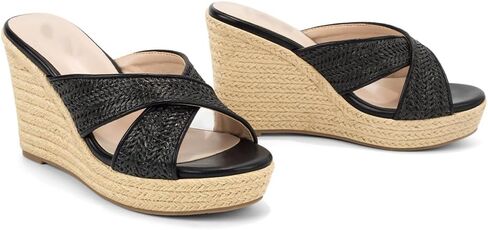 Women's Wedge Slides -Sandals - espadrilles raffia sandals -summer Open Toe platform Slip On high heel casual sandals beach comfortable slippers in Kuwait