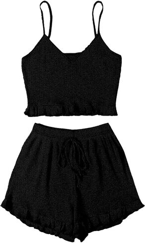 Avanova Women Sexy 2 Piece Pajama Set Ruffle Trim Cami Top and Shorts Sleepwear Set in Kuwait