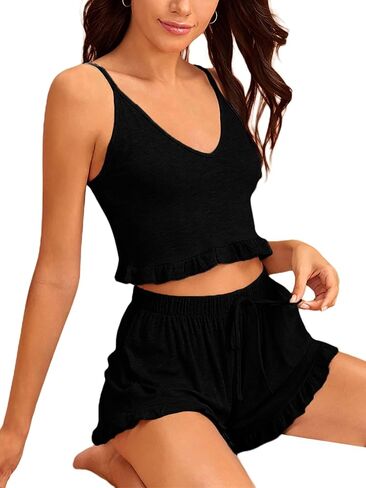 Avanova Women Sexy 2 Piece Pajama Set Ruffle Trim Cami Top and Shorts Sleepwear Set in Kuwait