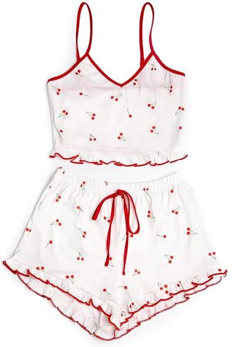 Avanova Women Sexy 2 Piece Pajama Set Ruffle Trim Cami Top and Shorts Sleepwear Set in Kuwait