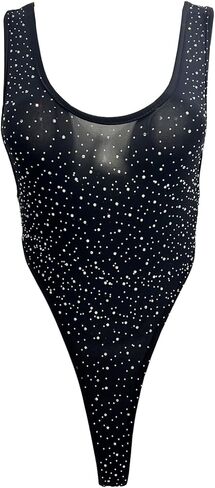Women's Sheer Mesh Rhinestones Bodysuit High Cut Y Back Thong Leotard Teddy Thong Underwear in Kuwait