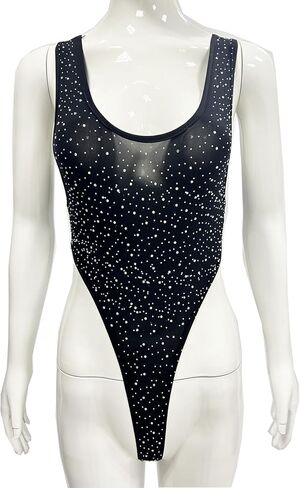 Women's Sheer Mesh Rhinestones Bodysuit High Cut Y Back Thong Leotard Teddy Thong Underwear in Kuwait