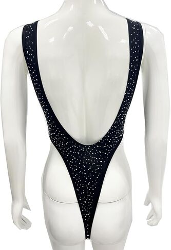Women's Sheer Mesh Rhinestones Bodysuit High Cut Y Back Thong Leotard Teddy Thong Underwear in Kuwait