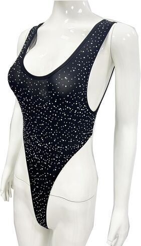 Women's Sheer Mesh Rhinestones Bodysuit High Cut Y Back Thong Leotard Teddy Thong Underwear in Kuwait