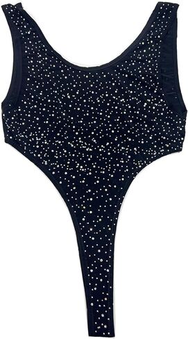 Women's Sheer Mesh Rhinestones Bodysuit High Cut Y Back Thong Leotard Teddy Thong Underwear in Kuwait