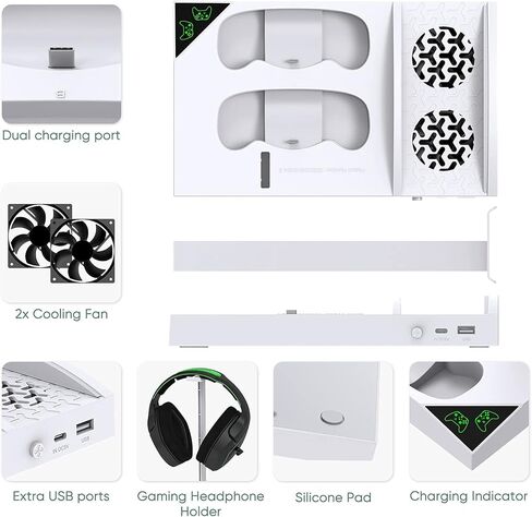 محطة مروحة تبريد FASTSNAIL لأجهزة Xbox Series S - حزمة بطارية قابلة لإعادة الشحن بقدرة 1400 مللي أمبير في الساعة وقاعدة شحن وحدة تحكم مزدوجة، حامل تبريد عالي السرعة مع حامل سماعة رأس متوافق مع وحدة تحكم Xbox Series S in Kuwait