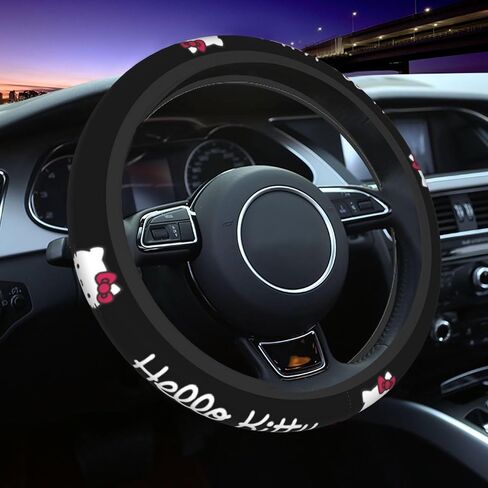 Black Cute Cartoon Steering Wheel Cover,Anime Kawaii License Plate Frames, Universal 15 Inches Car Accessories for Men Women in Saudi Arabia