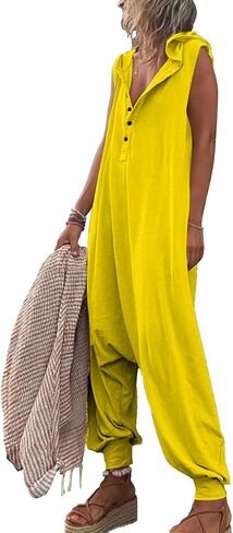 chouyatou Women's Summer Casual Hooded Jumpsuit Loose Half Button Tapered Leg Romper Overall Pants in Saudi Arabia