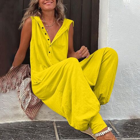 chouyatou Women's Summer Casual Hooded Jumpsuit Loose Half Button Tapered Leg Romper Overall Pants in Saudi Arabia