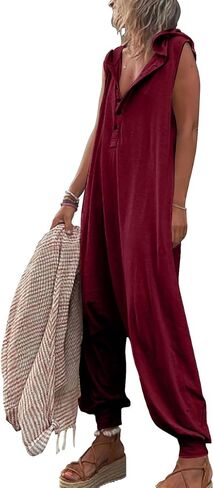 chouyatou Women's Summer Casual Hooded Jumpsuit Loose Half Button Tapered Leg Romper Overall Pants in Saudi Arabia