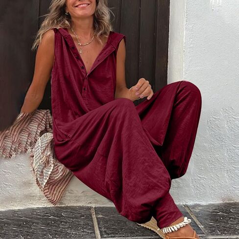 chouyatou Women's Summer Casual Hooded Jumpsuit Loose Half Button Tapered Leg Romper Overall Pants in Saudi Arabia