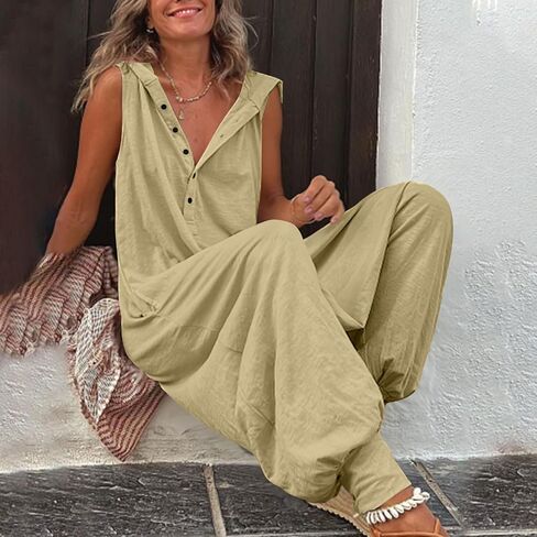 chouyatou Women's Summer Casual Hooded Jumpsuit Loose Half Button Tapered Leg Romper Overall Pants in Saudi Arabia