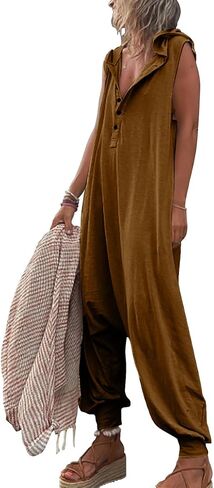 chouyatou Women's Summer Casual Hooded Jumpsuit Loose Half Button Tapered Leg Romper Overall Pants in Saudi Arabia