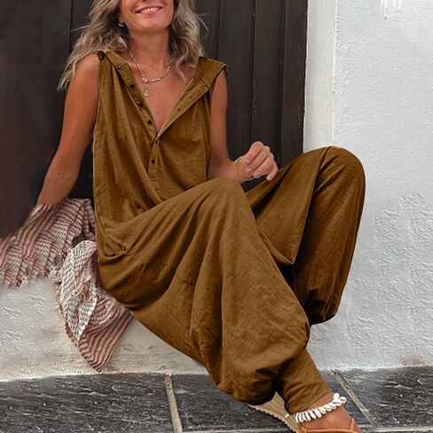 chouyatou Women's Summer Casual Hooded Jumpsuit Loose Half Button Tapered Leg Romper Overall Pants in Saudi Arabia