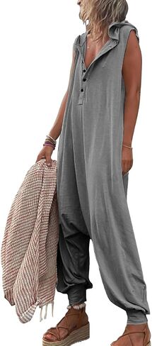 chouyatou Women's Summer Casual Hooded Jumpsuit Loose Half Button Tapered Leg Romper Overall Pants in Saudi Arabia