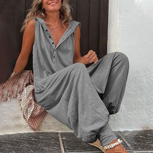 chouyatou Women's Summer Casual Hooded Jumpsuit Loose Half Button Tapered Leg Romper Overall Pants in Saudi Arabia