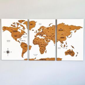Push Pin Triptych Cork World Wall Art, Travel Wall Arts with Pins to Mark Places Traveled, Educational Decor for Kids, Office Decor and Gift for Travelers, (Medium - Black)