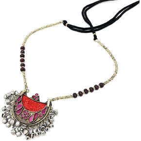 Afghan Tribal Kuchi Womens Oxidized Vintage Anrique Handmade Coins Bells Statement Pendant Choker Necklace in Multicolor - Bohemian Belly Dancing Dandiya Jewelry