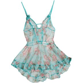 SHENHE Women's Floral Sheer Mesh Ruffle Nightgown Deep V Babydoll Lingerie Slip Dress