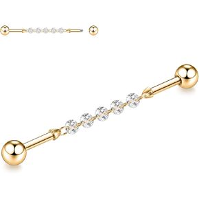 FUNLMO Industrial Piercing Jewelry Chain Titanium Industrial Bar Cube Zirocn Industrial Jewelry Cartilage Earring Conch Helix Piercing Jewelry 14G 38mm