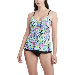 Caribbean Joe Women's Standard Babydoll Tankini Tummy Control Quick Dry Sewn in Cups Adjustable Strap Swimsuit Set