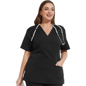Scrub Tops for Women V-Neck Medical Top Nurse Scrubs with 3 Pocket and ID Loop Soft Stretch Uniform for Dentist Vets Workwear