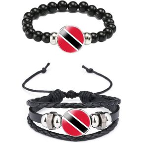 National Flag Metal Black Beaded Elastic Rope Bracelet and Alloy Leather Braided Rope Bracelet Bangl for Men Women Support your country