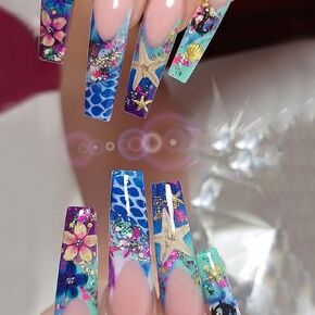 Nails Long Coffin Press on Nails French Tip White Underwater World Theme Fake Nails with Starfish and Sea Shell Pattern Designs Full Cover Acrylic Nails for Women and Girls Nail Decor 24 Pcs