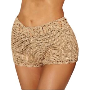 Women Hollow Out Crochet Knit Shorts Cover Up Shorts Summer Drawstring Tight Board Shorts Swim Trunks Beachwear