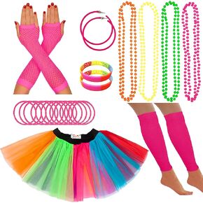 80s Fancy Dress Neon Accessories Tutu Party Costume, Adult Leg Warmers, Fishnet Gloves, 1980s Style Necklace Beads