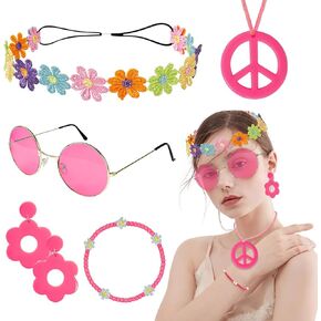 Hippie Costume Accessories Set Peace Sign Necklace Sunglasses Flower Headband Earrings for 60s 70s Outfit Party Women