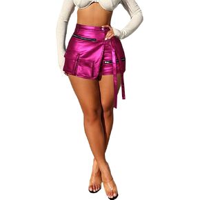 Women's Faux Leather Shorts Metallic Shiny Y2k High Waisted Skorts PU Mini Cargo Shorts with Pockets