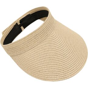 Womens Sun Visors Hats for Womens,Wide Brim Straw Hats Summer Beach Foldable Roll Up Ponytail Hat
