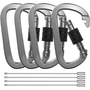 Premium Aluminum D Ring 4" Locking Carabiner Clips with Screw Gate, Set of 4, Lightweight & Durable for Hiking Camping Fishing and Outdoor Use