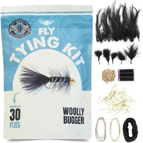 Fly Tying Kit for 30 Black Woolly Bugger Flies – Premium Fly Tying Materials, Black Hackle & Marabou Feathers, Ideal for All Skill Levels, Perfect for Fly Tying and Fly Fishing Trout, Bass, & Panfish
