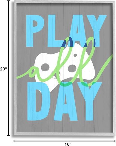 وحدة تحكم ألعاب الفيديو الريفية من Stupell Industries Play All Day Phrase، من تصميم Daphne Polselli، لوحة فنية جدارية مؤطرة باللون الرمادي، 16 × 20، أبيض in Saudi Arabia