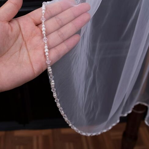 Bridal Veil Pearl Crystal Edge 3D Flower Pearls Wedding Veils with Comb,1 Tier Fingertip Length Short Bride Veils in Saudi Arabia