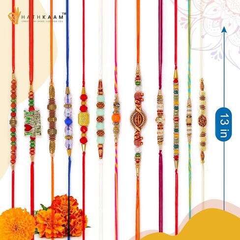 HATHKAAM 12 Pcs Designer Rakhi for Brother Traditional Handmade Rakhi Set for Bhai | Bracelet With Multicolor Bead Universal Fit Strong Thread Rakhee Gift for Rakhsha Bandhan in Saudi Arabia