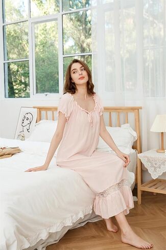 Women's 100% Cotton Off The Shoulder Lace Victorian Nightgown Sleepwear Long Beach Dress in Saudi Arabia