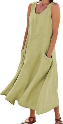 Linen Dress for Women Summer Sleeveless Solid Casual Baggy Flowy Maxi Dresses with Pockets in Kuwait