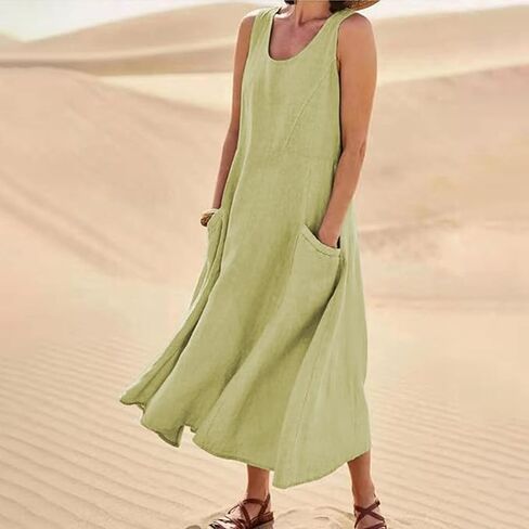 Linen Dress for Women Summer Sleeveless Solid Casual Baggy Flowy Maxi Dresses with Pockets in Kuwait