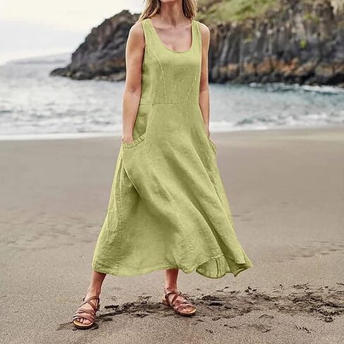 Linen Dress for Women Summer Sleeveless Solid Casual Baggy Flowy Maxi Dresses with Pockets in Kuwait